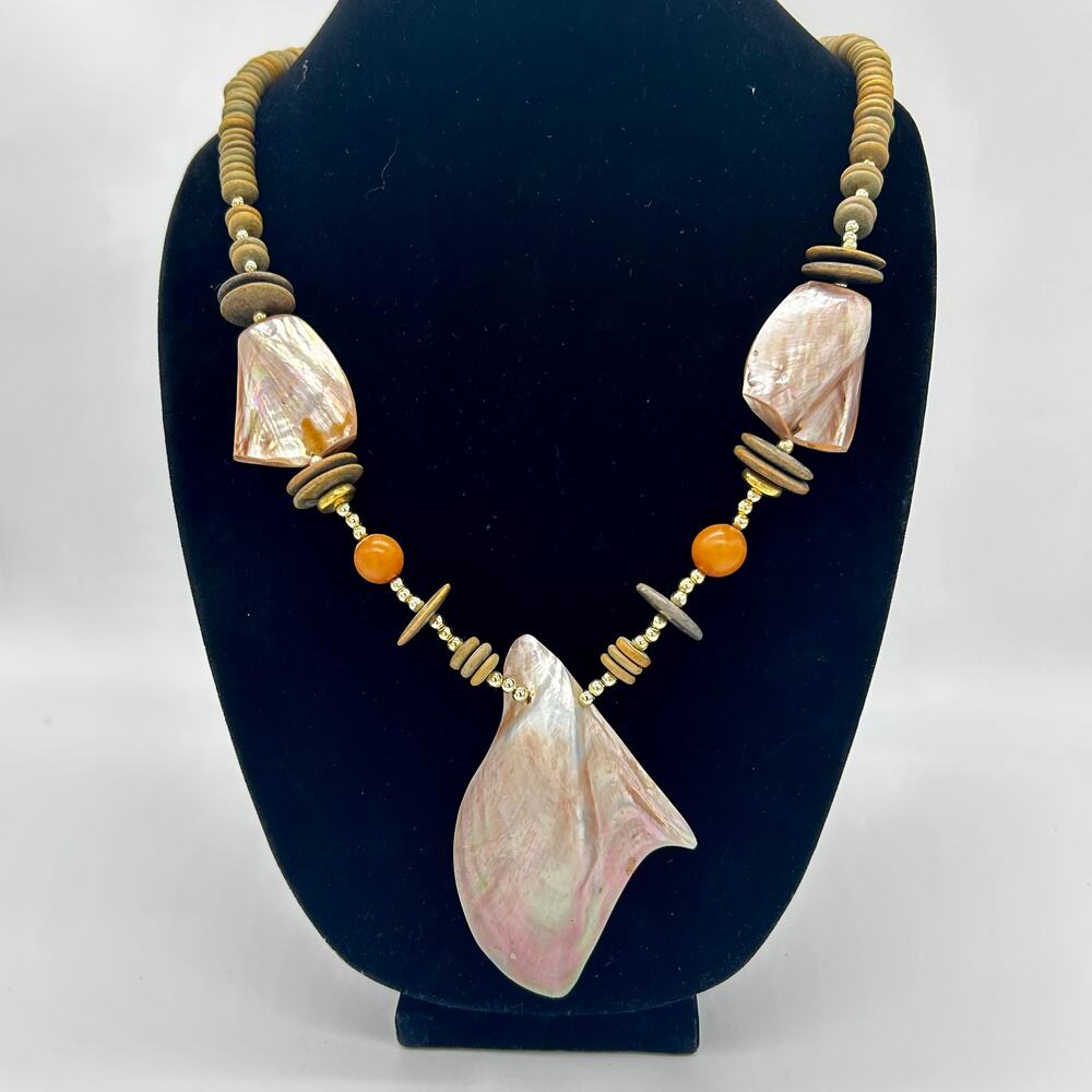 Vintage Large Shell Necklace Statement Pendant Beaded Beach Jewelry